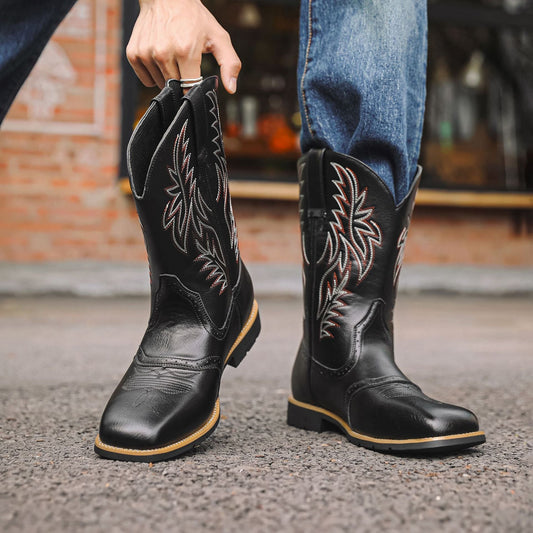 Embroidered Vintage Wide Toe Western Cowboy Boots